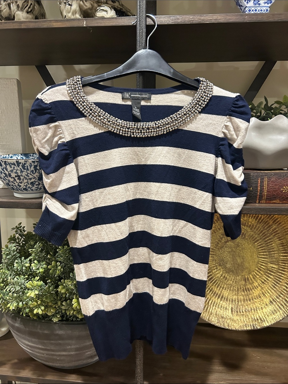 INC International Concepts Navy and Cream Beaded-Trim Striped Top small